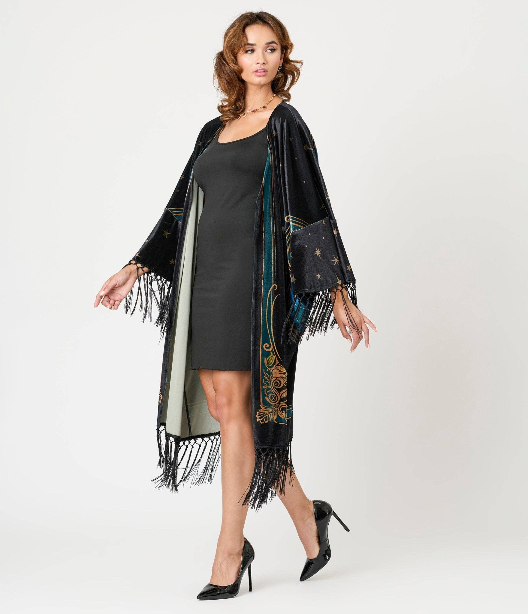 Unique Vintage Black Art Nouveau Fringe Kimono: One Size - ivyandlavyboutique Unique Vintage