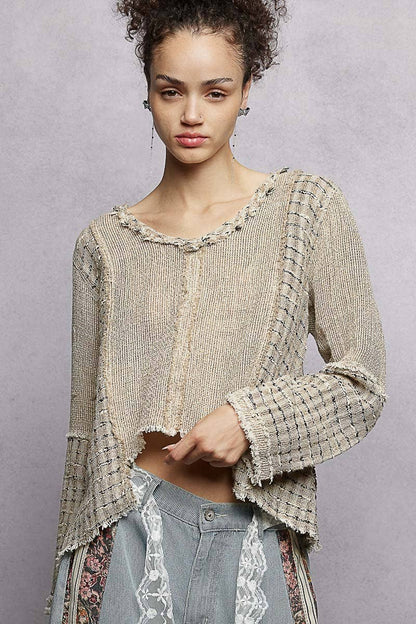 V - Neck High - Low Cut Outseam Raw Edge Linen Top - ivyandlavyboutique Pol Clothing