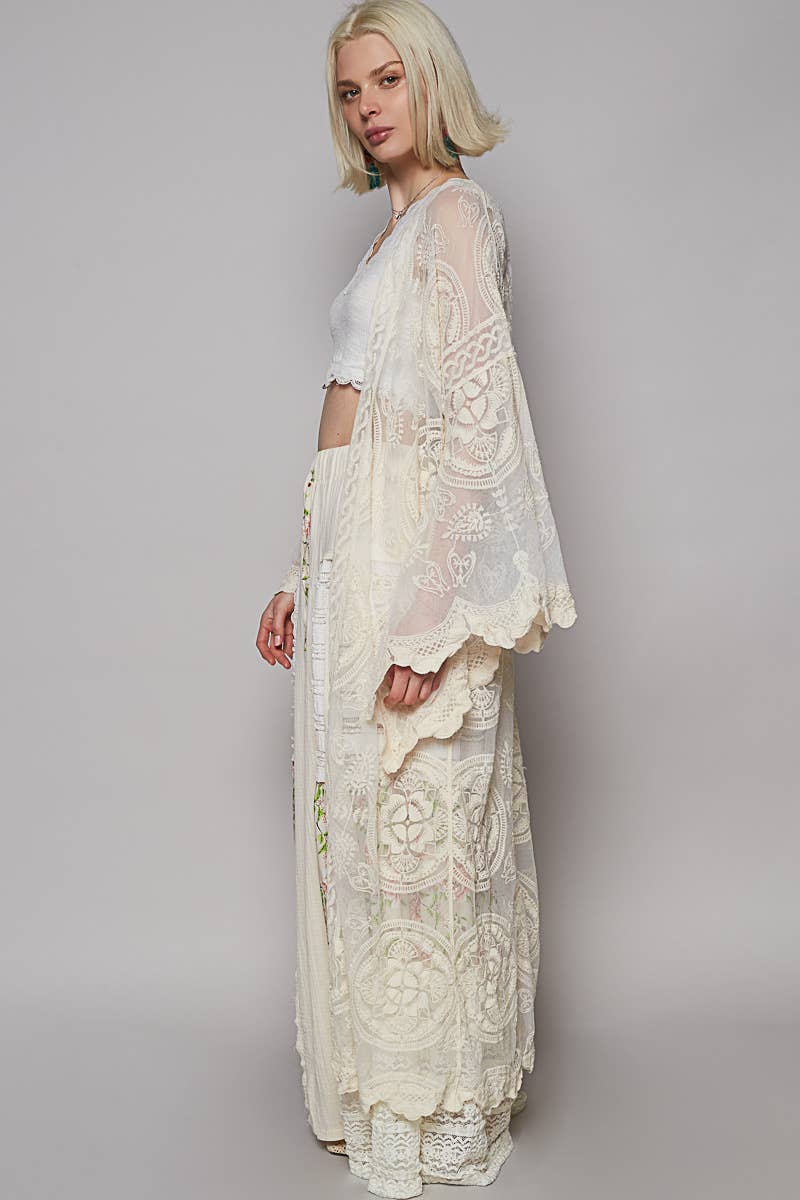 V - neck long sleeve floral crochet open cardigan: NATURAL / Os - ivyandlavyboutique Pol Clothing