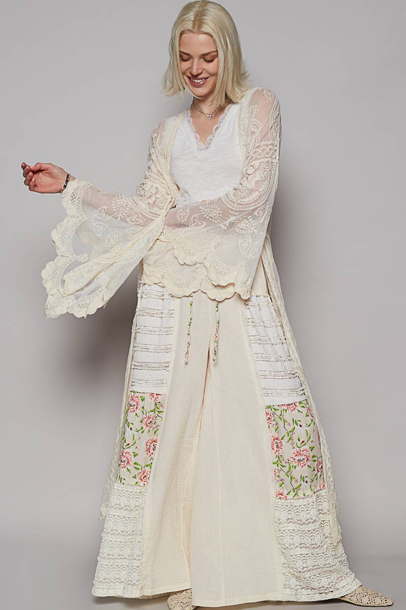 V - neck long sleeve floral crochet open cardigan: NATURAL / Os - ivyandlavyboutique Pol Clothing