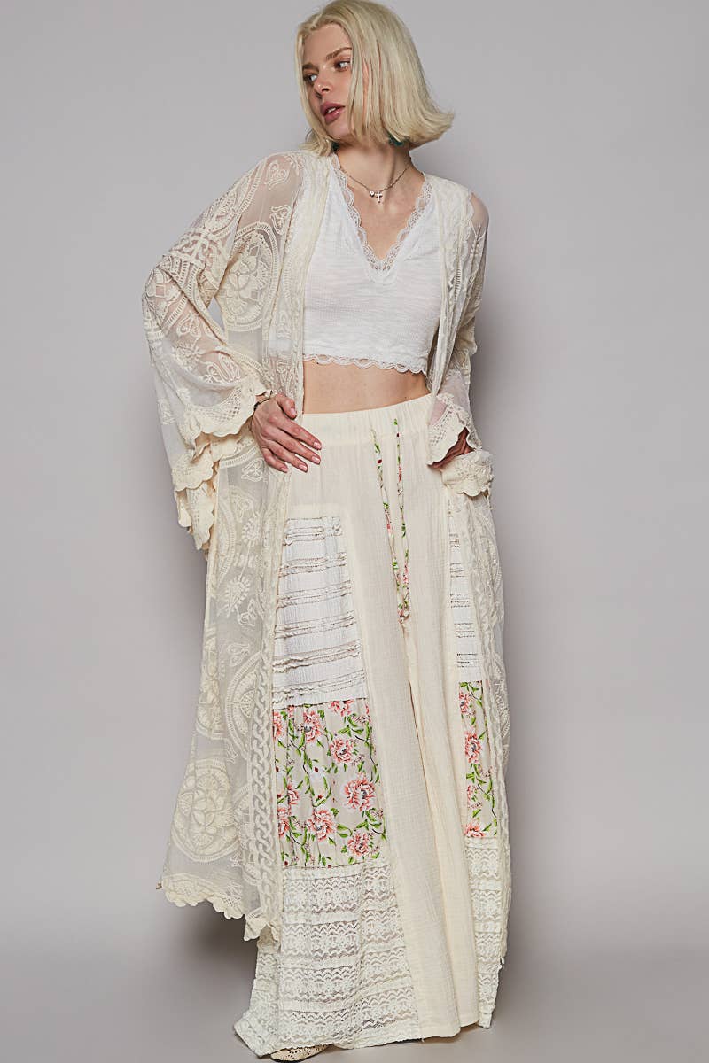 V - neck long sleeve floral crochet open cardigan: NATURAL / Os - ivyandlavyboutique Pol Clothing