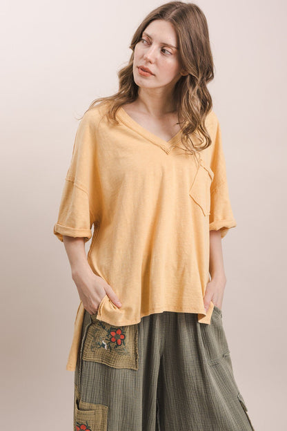 V Neck Short Sleeve Oversized Top - ivyandlavyboutique Blue Velvet