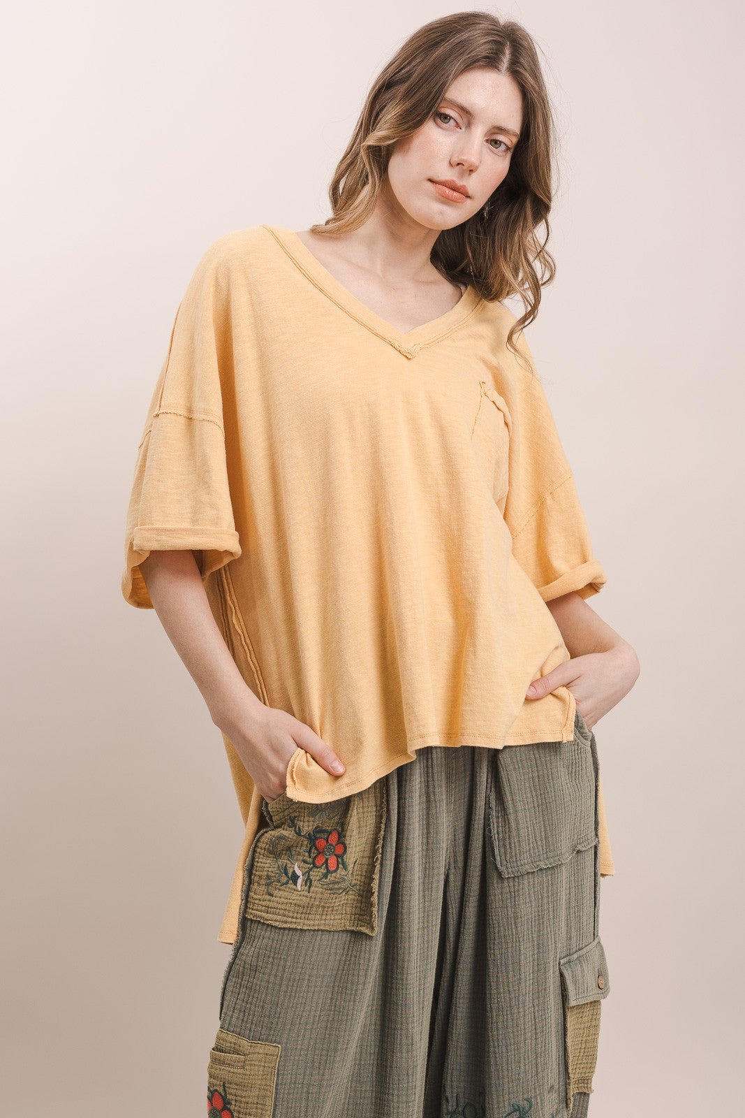 V Neck Short Sleeve Oversized Top - ivyandlavyboutique Blue Velvet