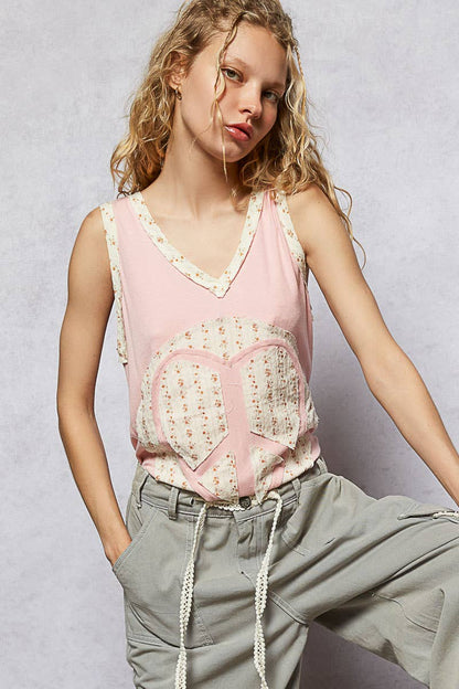 V - neck sleeveless front woven heart peace patch top - ivyandlavyboutique Pol Clothing