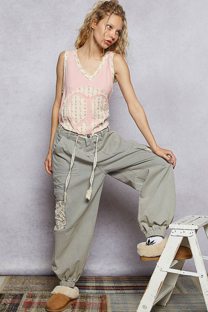 V - neck sleeveless front woven heart peace patch top - ivyandlavyboutique Pol Clothing