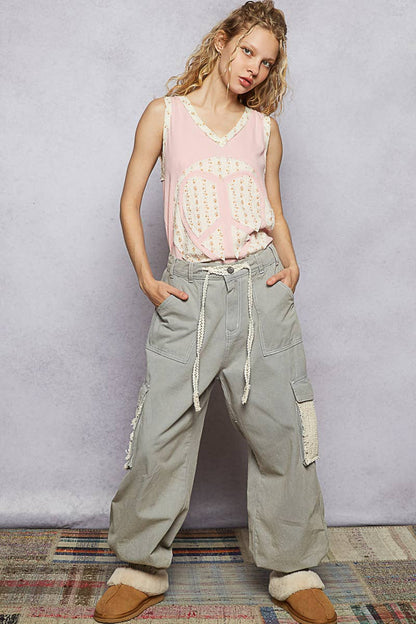 V - neck sleeveless front woven heart peace patch top - ivyandlavyboutique Pol Clothing