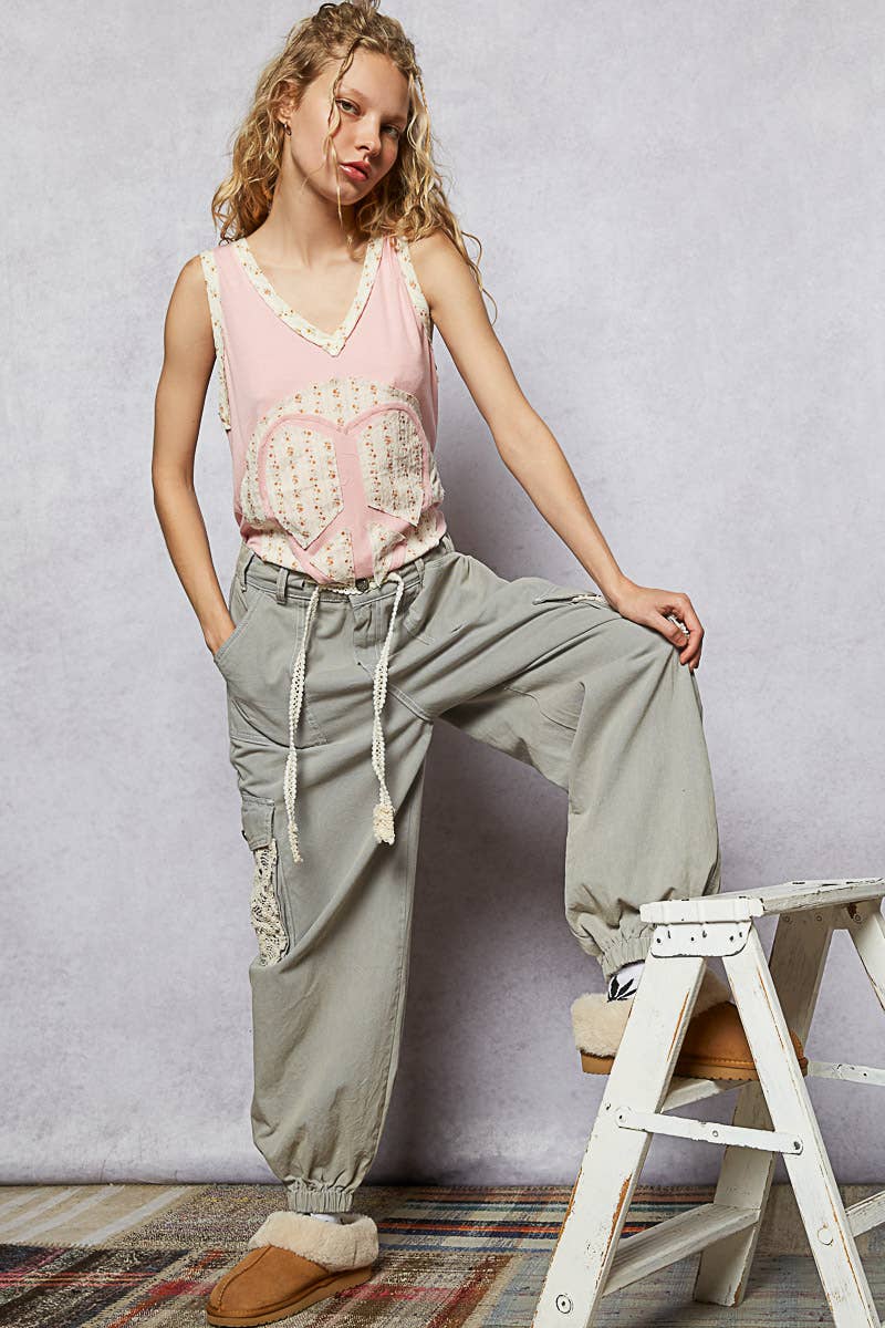 V - neck sleeveless front woven heart peace patch top - ivyandlavyboutique Pol Clothing