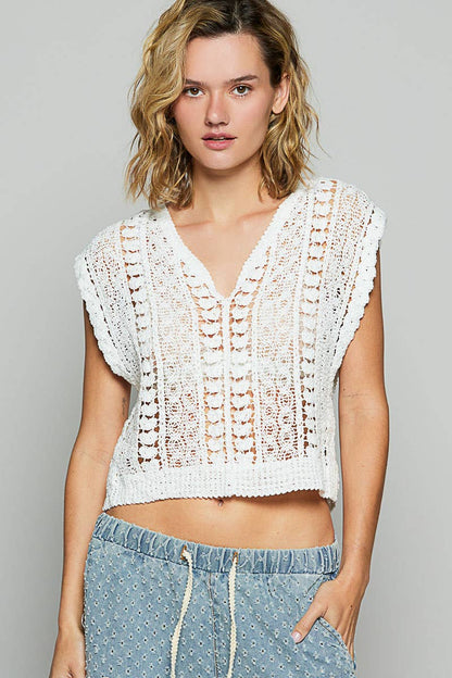 V - neck sleeveless solid crochet top - ivyandlavyboutique Pol Clothing