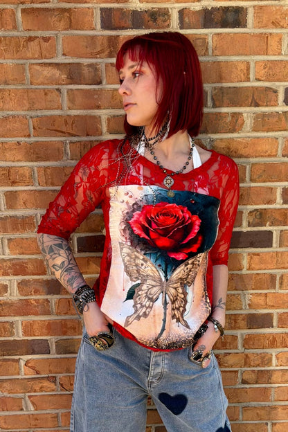 Velvet Roses & Butterfly Appliqué in Red - ivyandlavyboutique LeParisPetit by I Love Linen