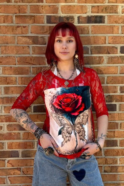 Velvet Roses & Butterfly Appliqué in Red - ivyandlavyboutique LeParisPetit by I Love Linen