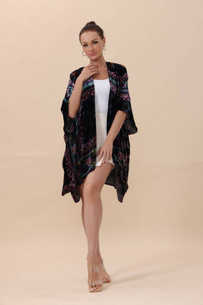 Velvet Stripes with Floral Patterns Kimono Texture Heaven: Black - ivyandlavyboutique Leto Accessories