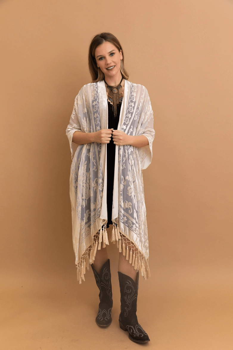 Victoria Velvet Burnout Mesh Tassel Kimono - ivyandlavyboutique Leto