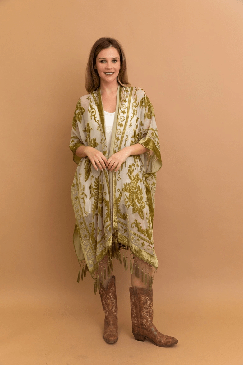 Victoria Velvet Burnout Mesh Tassel Kimono - ivyandlavyboutique Leto