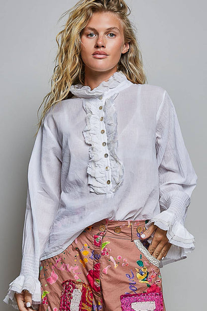 Victorian Era Lightweight Long Sleeve Ruffle Trim Button-Front Shirt Top - ivyandlavyboutique Pol Clothing