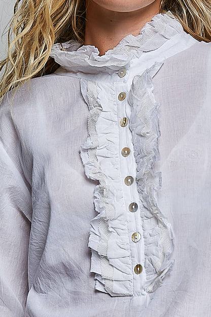 Victorian Era Lightweight Long Sleeve Ruffle Trim Button-Front Shirt Top - ivyandlavyboutique Pol Clothing