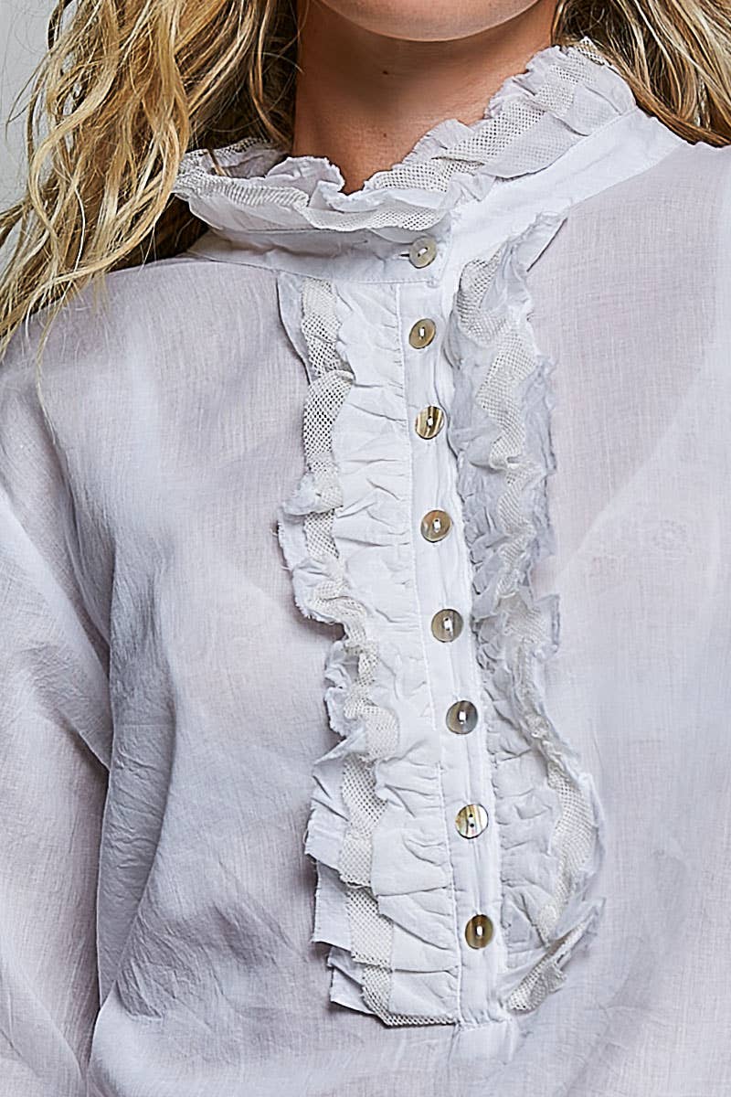 Victorian Era Lightweight Long Sleeve Ruffle Trim Button-Front Shirt Top - ivyandlavyboutique Pol Clothing