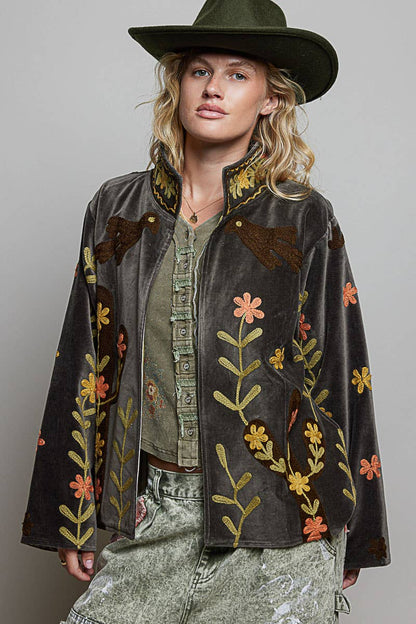 Vine around my Heart Embroidery Floral Open-Front Closure Velvet Jacket - ivyandlavyboutique Pol Clothing