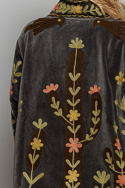 Vine around my Heart Embroidery Floral Open-Front Closure Velvet Jacket - ivyandlavyboutique Pol Clothing