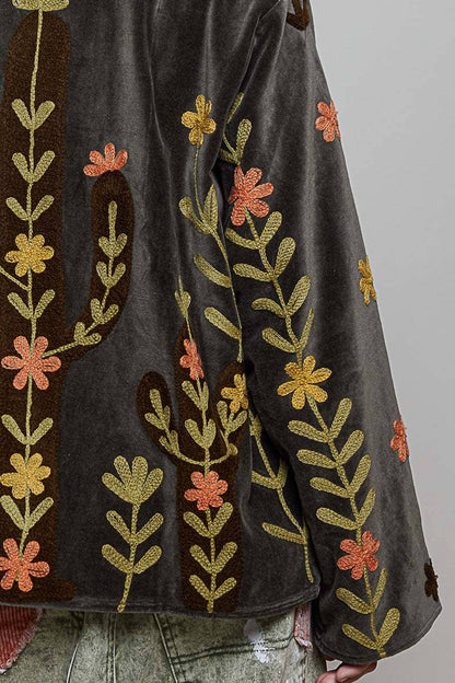 Vine around my Heart Embroidery Floral Open-Front Closure Velvet Jacket - ivyandlavyboutique Pol Clothing
