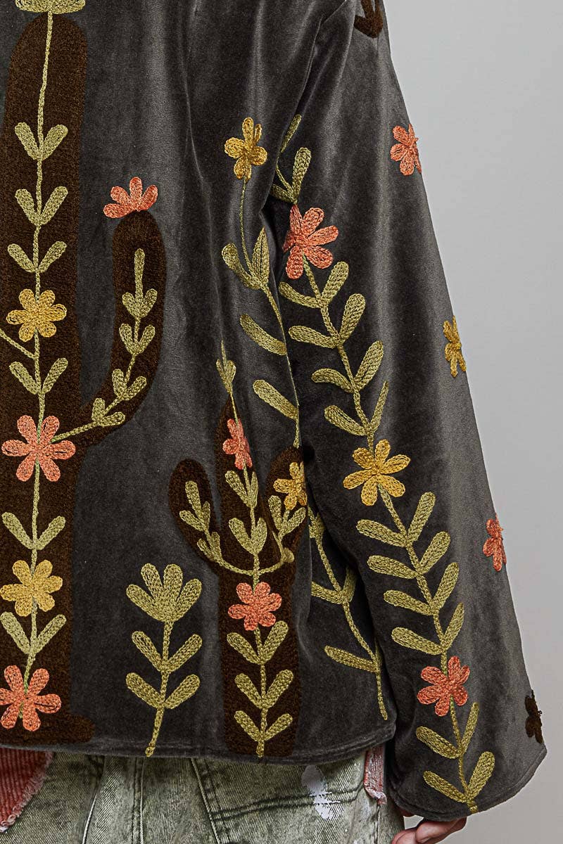Vine around my Heart Embroidery Floral Open-Front Closure Velvet Jacket - ivyandlavyboutique Pol Clothing