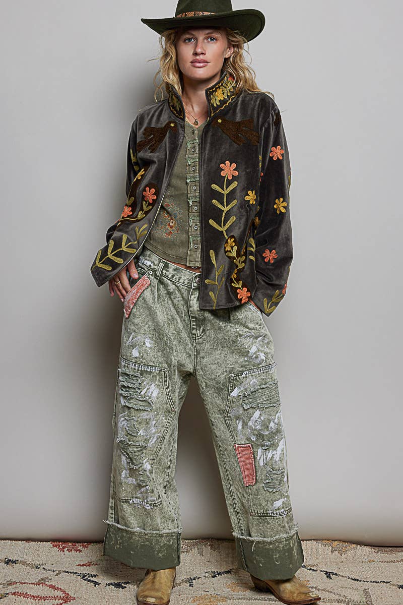 Vine around my Heart Embroidery Floral Open-Front Closure Velvet Jacket - ivyandlavyboutique Pol Clothing