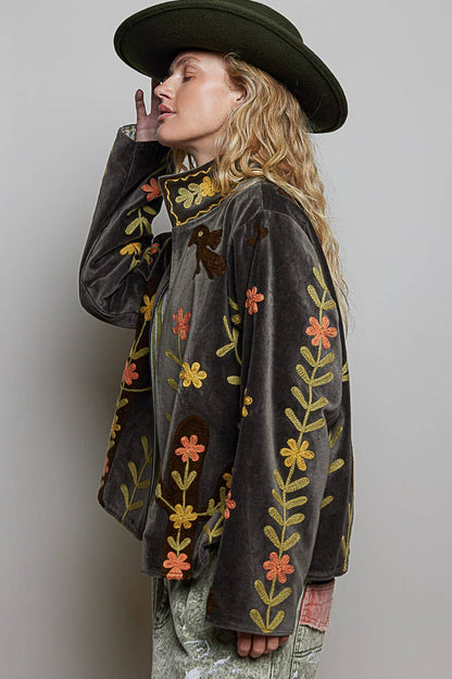 Vine around my Heart Embroidery Floral Open-Front Closure Velvet Jacket - ivyandlavyboutique Pol Clothing