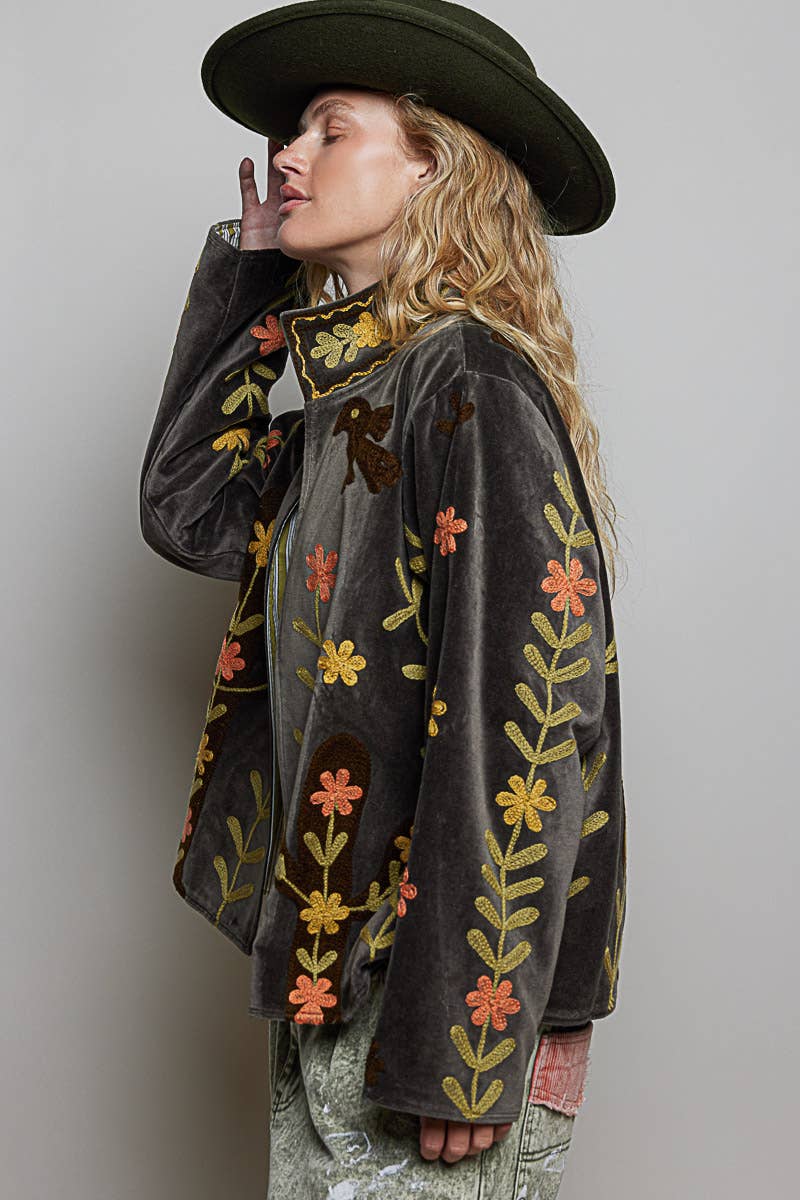 Vine around my Heart Embroidery Floral Open-Front Closure Velvet Jacket - ivyandlavyboutique Pol Clothing