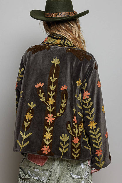 Vine around my Heart Embroidery Floral Open-Front Closure Velvet Jacket - ivyandlavyboutique Pol Clothing