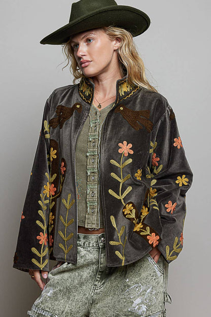 Vine around my Heart Embroidery Floral Open-Front Closure Velvet Jacket - ivyandlavyboutique Pol Clothing
