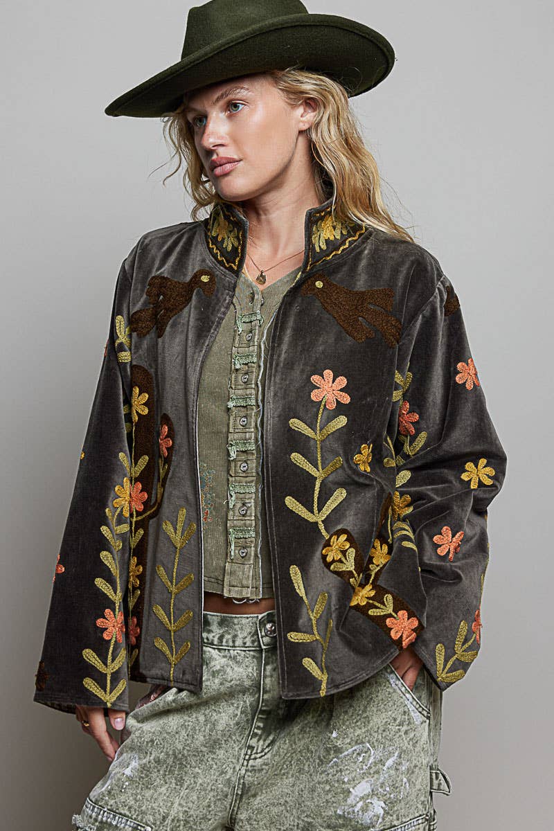 Vine around my Heart Embroidery Floral Open-Front Closure Velvet Jacket - ivyandlavyboutique Pol Clothing