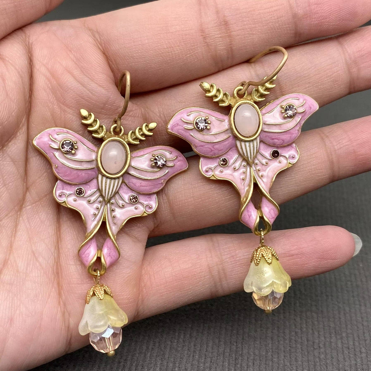Vintage Pink Enamel Butterfly Dangle Earrings - ivyandlavyboutique Mio Queena