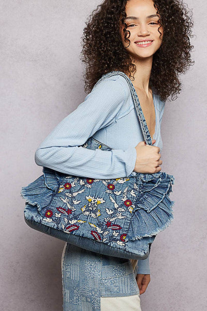 Vintage Wash Embroidered Ruffle Denim Tote Bag: DENIM / OS - ivyandlavyboutique Pol Clothing