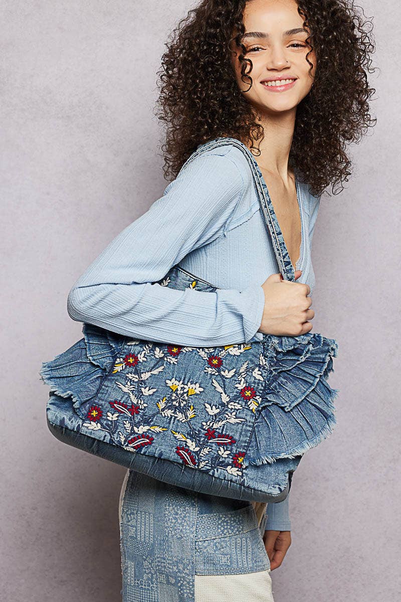 Vintage Wash Embroidered Ruffle Denim Tote Bag: DENIM / OS - ivyandlavyboutique Pol Clothing
