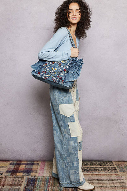 Vintage Wash Embroidered Ruffle Denim Tote Bag: DENIM / OS - ivyandlavyboutique Pol Clothing