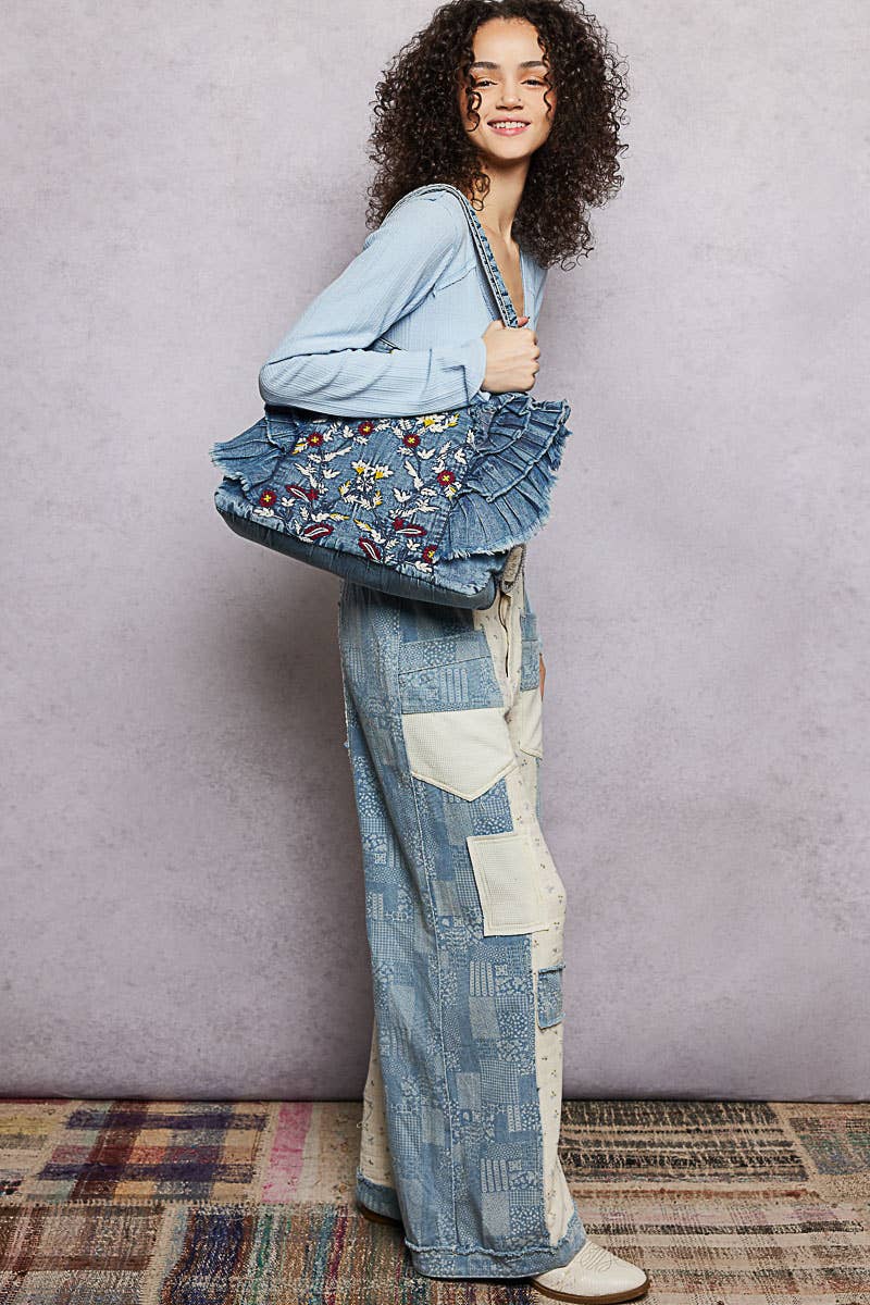 Vintage Wash Embroidered Ruffle Denim Tote Bag: DENIM / OS - ivyandlavyboutique Pol Clothing
