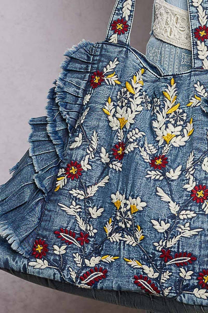 Vintage Wash Embroidered Ruffle Denim Tote Bag: DENIM / OS - ivyandlavyboutique Pol Clothing
