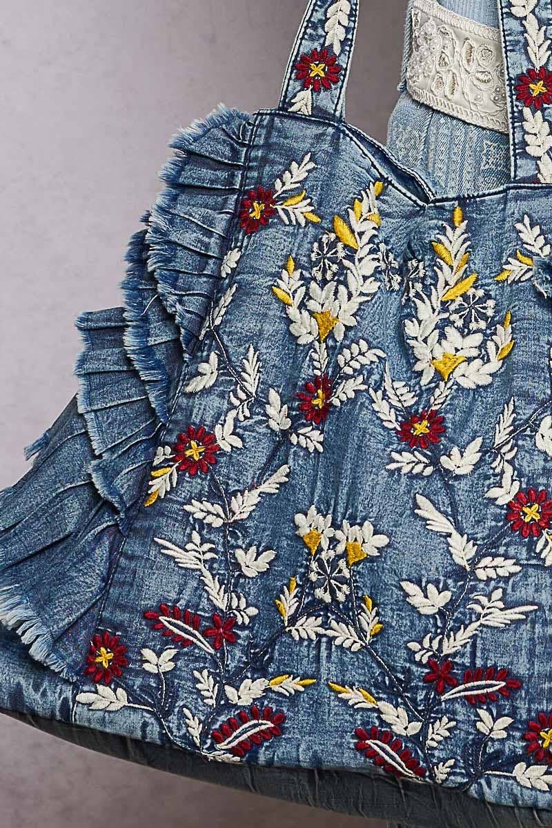 Vintage Wash Embroidered Ruffle Denim Tote Bag: DENIM / OS - ivyandlavyboutique Pol Clothing