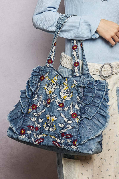 Vintage Wash Embroidered Ruffle Denim Tote Bag: DENIM / OS - ivyandlavyboutique Pol Clothing