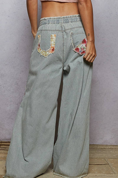 Vintage washed elastic band striped denim pants - ivyandlavyboutique Pol Clothing