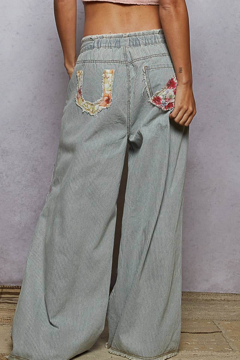 Vintage washed elastic band striped denim pants - ivyandlavyboutique Pol Clothing