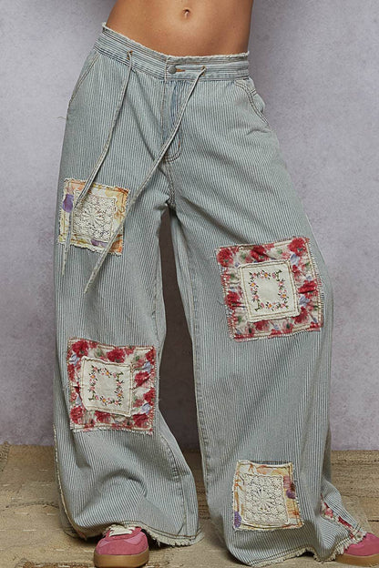 Vintage washed elastic band striped denim pants - ivyandlavyboutique Pol Clothing
