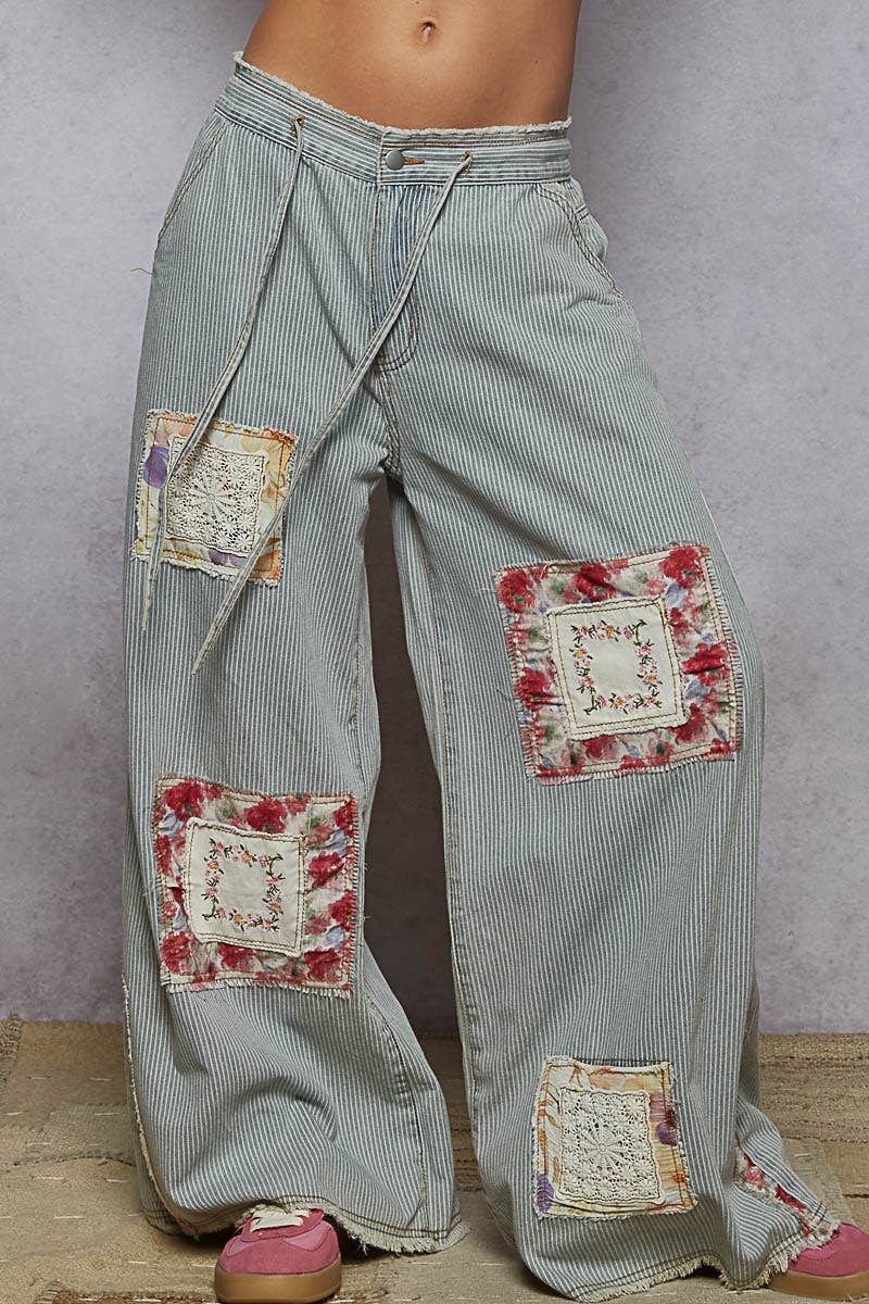 Vintage washed elastic band striped denim pants - ivyandlavyboutique Pol Clothing
