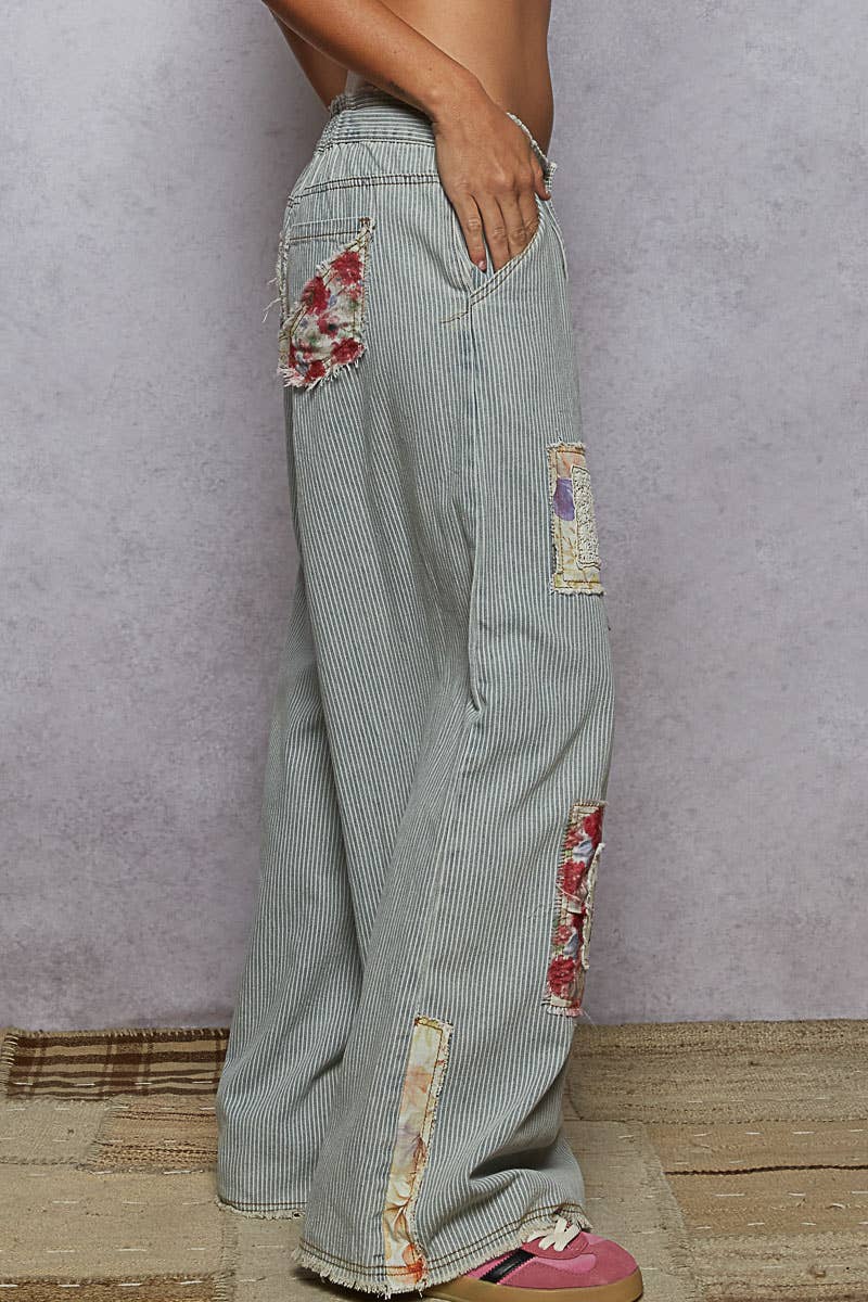 Vintage washed elastic band striped denim pants - ivyandlavyboutique Pol Clothing