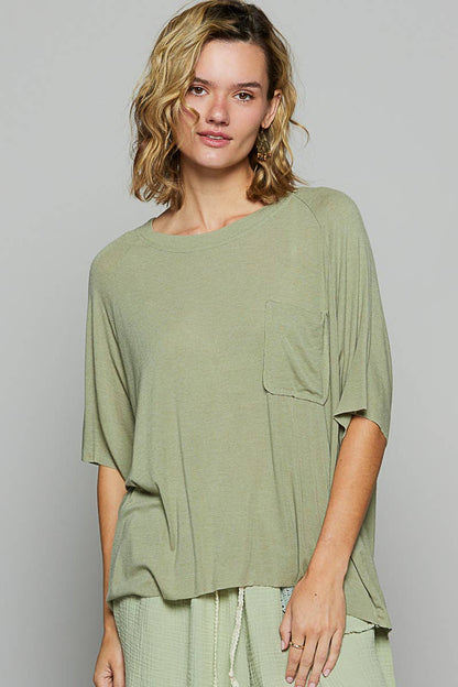 Vintage washed short sleeve front pocket solid top - ivyandlavyboutique Pol Clothing