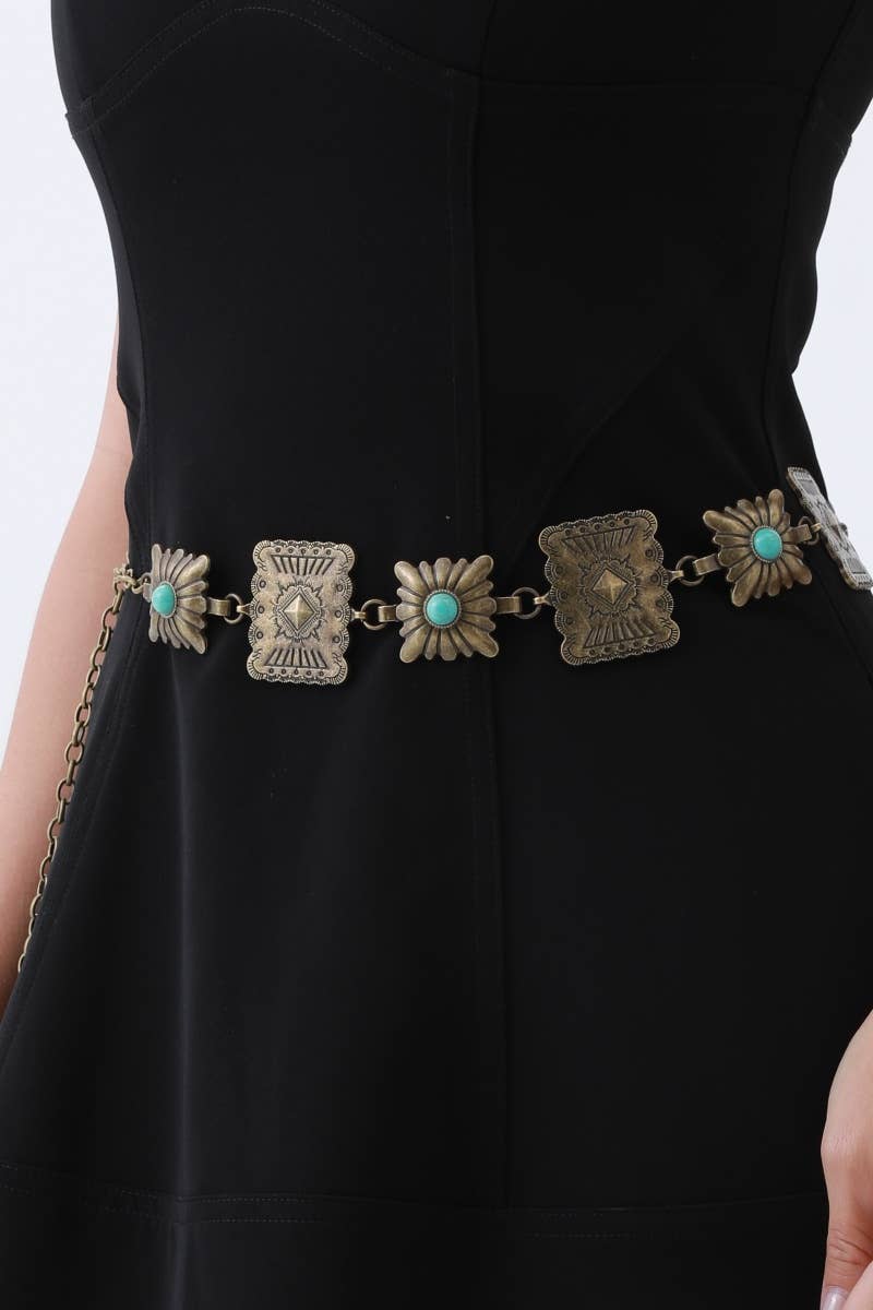 Vintage Western Geometric Belt - Square Turquoise Chain Waist: Antique Silver - ivyandlavyboutique Leto Accessories