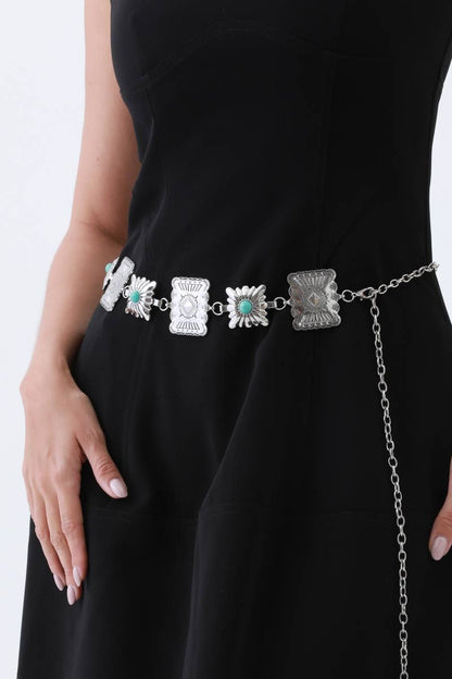 Vintage Western Geometric Belt - Square Turquoise Chain Waist: Antique Silver - ivyandlavyboutique Leto Accessories