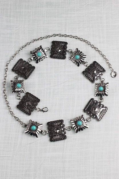 Vintage Western Geometric Belt - Square Turquoise Chain Waist: Antique Silver - ivyandlavyboutique Leto Accessories