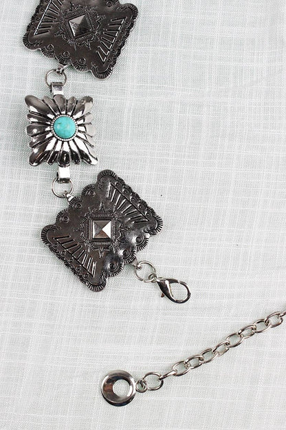 Vintage Western Geometric Belt - Square Turquoise Chain Waist: Antique Silver - ivyandlavyboutique Leto Accessories