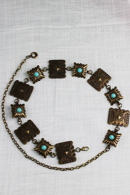 Vintage Western Geometric Belt - Square Turquoise Chain Waist: Antique Silver - ivyandlavyboutique Leto Accessories