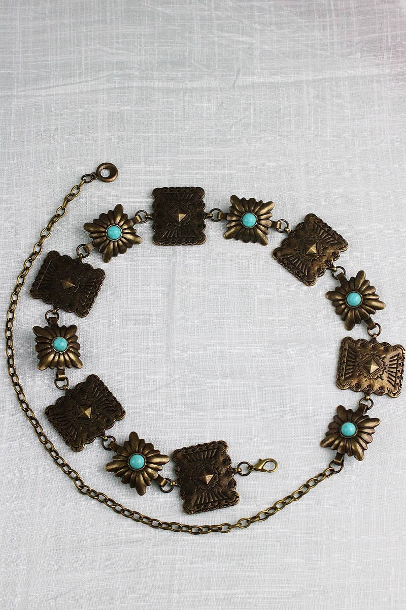 Vintage Western Geometric Belt - Square Turquoise Chain Waist: Antique Silver - ivyandlavyboutique Leto Accessories